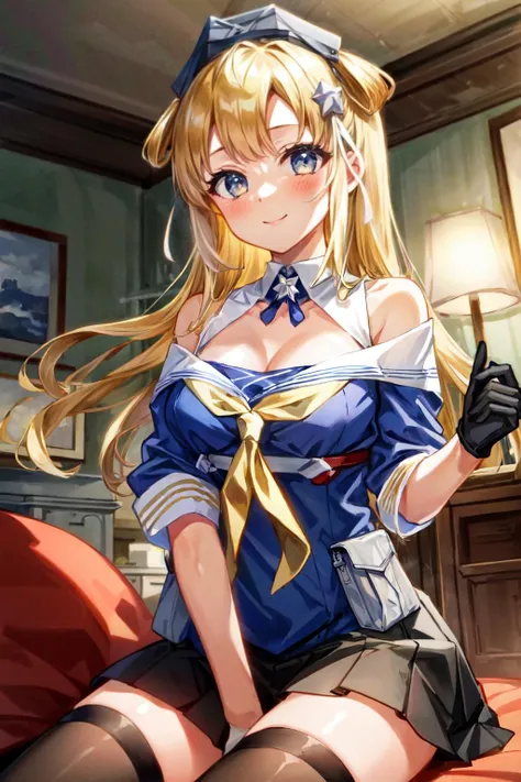 (masterpiece, best quality, illustration, delicate details, 8K:1.2), (studio light, best shadow, picturesque, styleadder),
BREAK, (sharp eyeliner, (symmetric eyes, perfect eyes, detailed eyes), finely detailed beautiful face, perfect anatomy),
BREAK, nice hands, perfect hands, hand by Guido Daniele,
BREAK, 1girl, solo,
BREAK, FletcherMKIIKC, (blue) serafuku, (short sleeves) shirt, (off shoulder) shirt, (yellow-striped) sleeve cuffs, (black) pleated skirt, (black) thighhighs, (white) sailor collar, (yellow) neckerchief, (grey) tactical shooting hard knuckle gloves, (star) hair ornament, (headgearMKII) hair ornament, (white) hairband, (white) hip bags, (white) chest harness,
BREAK, cowboy shot, looking at viewer, facing to viewer, gentle smile, (indoor, living room), sitting, chair,
BREAK, <lora:add_detail:0.6>, <lora:eyes:0.2>, <lora:ChansonStyleAdder:0.2>, <lyco:hands:1>, <lora:Fletcher-10:1>