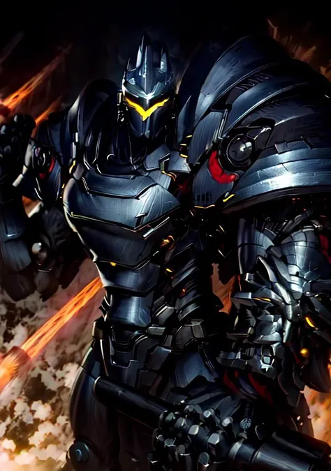 reinhardt, helmet, power armor, battle, holding hammer, light, futuristic city, glowing, fire, best quality, <lora:reinhardtOverwatch_v1:1>