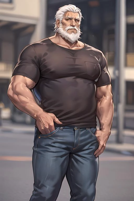 reinhardt, old man, beard, white hair, scar across eye, casual clothes, shirt, jeans, sunlight, city street, <lora:reinhardtOverwatchLORA_LoCon:0.8>, best quality