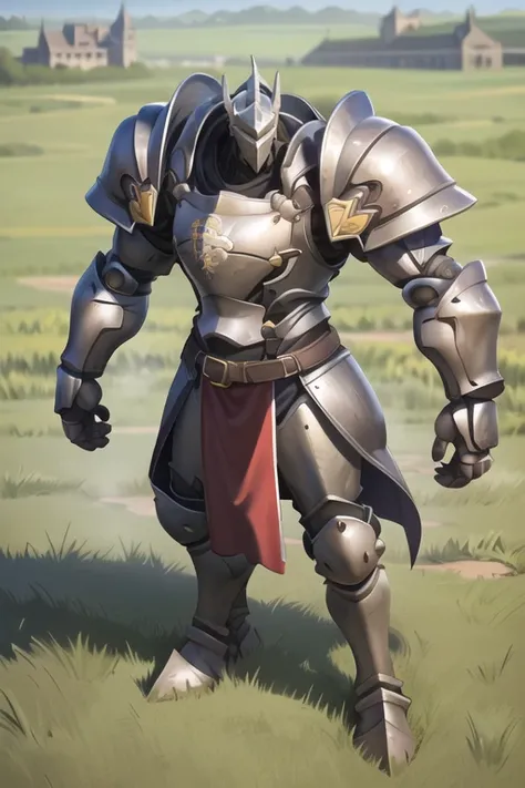 reinhardt, helmet, ((medieval knight armor)), sunlight, green grass field, medieval castle in background, <lora:reinhardtOverwatchLORA_v1:0.5>, best quality