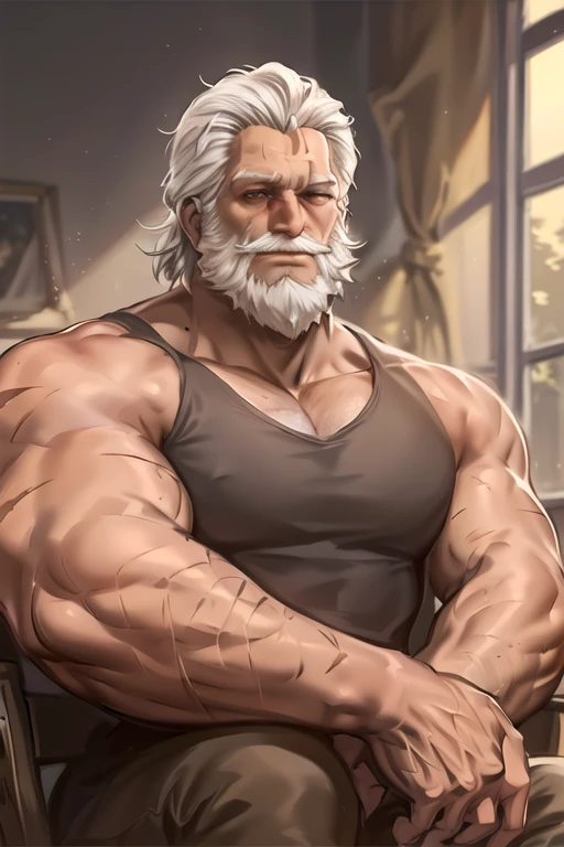 portrait, reinhardt, old man, beard, scar across eye, white hair, sunlight, window background, <lora:reinhardtOverwatchLORA_v1:0.8>, best quality