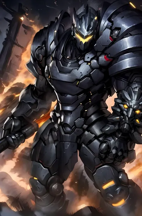 reinhardt, helmet, power armor, battle, holding hammer, light, futuristic city, glowing, fire, <lora:reinhardtOverwatchLORA_v1:0.8>, best quality
