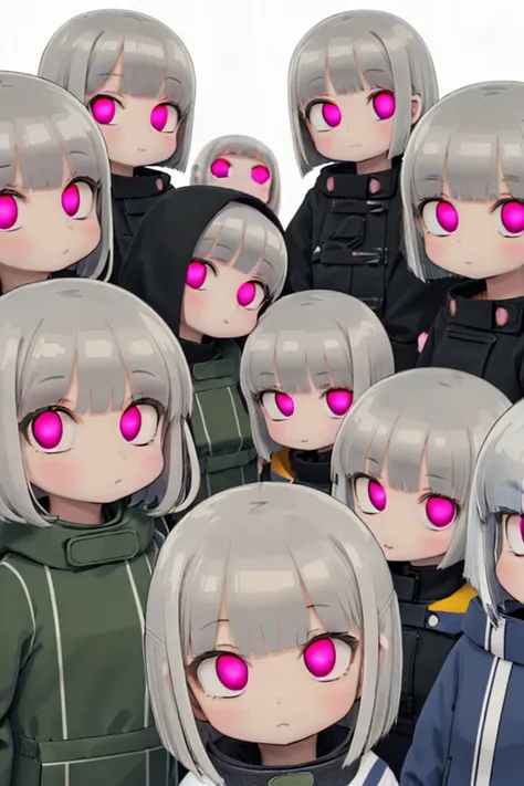 (6+girls in a same row formation:1.3),(angry:0.6), (silver hair,bob cut:1.3),(closed mouth:1.15),(parka:1.28),looking at viewer, <lora:hypnoEyes_v10:2>