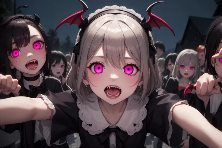 masterpiece, best quality, <lora:empty_eyes:1>A crowd of vampire is heading this way,looking at viewer, (reach out viewer), AS-Young,try to bite,open mouth and show fangs,night,