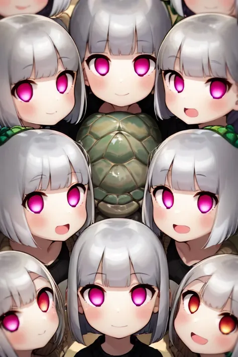 (6+girls in a same row formation:1.3),(angry:0.6), (silver hair,bob cut:1.3),(closed mouth:1.15),(turtle necked sweater:1.28),looking at viewer, <lora:hypnoEyes_v10:1.31>