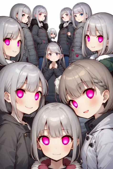 (6+girls in a same row formation:1.3),(angry:0.6), (silver hair,bob cut:1.3),(closed mouth:1.15),(parka:1.28),looking at viewer, <lora:hypnoEyes_v10:2>