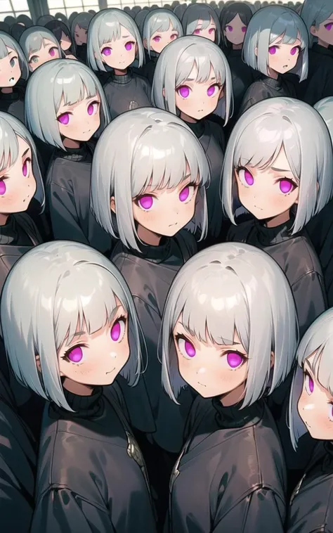 (6+girls in a same row formation:1.3),(angry:0.6),
(silver hair,bob cut:1.3),(closed mouth:1.15),(turtle necked sweater:1.28),looking at viewer,
<lora:hypnoEyes_v10:1.31>