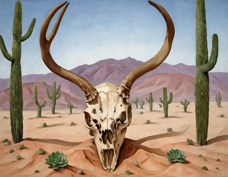 <lora:okfe:0.8>okfe, skull of an animal with antlers hanging from a tall cactus in the desert