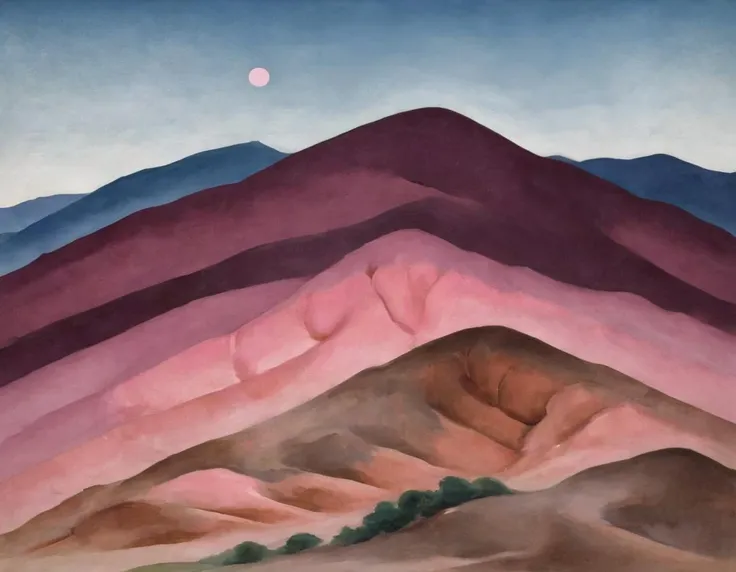 <lora:okfe:0.8>okfe, small pink moon in sky, small mountains