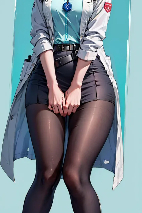 masterpiece, best quality, highly detailed, 1girl, solo, civitai-chan, black hair, blue eyes, braided bangs, labcoat, shirt, shirt tucked in, single vertical stripe, black skirt, pencil skirt, pantyhose, necklace, belt,<lora:gijinkaseries_civitai-18:0.8> <lora:haveToPee:0.4> have to pee,covering crotch,knees together feet apart,(((crotchAngle,head out of frame,lower body,hands between legs,close-up,crotch aparts, crotch focus))),