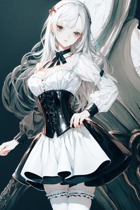 RAW, (intricate detailed), 1girl, solo, pale skin, expressionless, (Black Corset Strap cotton Dress:1.1), white Long-Sleeve Layered Collar Plain Shirt + Neck Tie +Suspender A-Line Skirt, black pantyhose, hghheels, The strap is slimming the waist, (dark fantasy:1.2), (last boss:1.25), white horror theme, grandeur, ((marvelous illustration)), (detailed splash),
 <lora:KalinStyle:1>