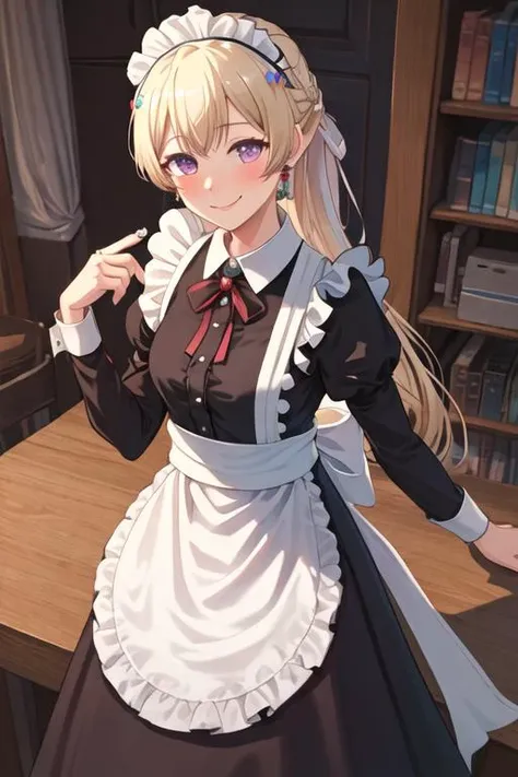 best quality, masterpiece, highres, solo, {maid:1.40}, {long maid dress:1.15}, {shirasagi_chisato_bangdream:1.15}, blonde_hair, bangs, long_hair, purple_eyes, blush, smile, half_updo, ribbon, jewelry