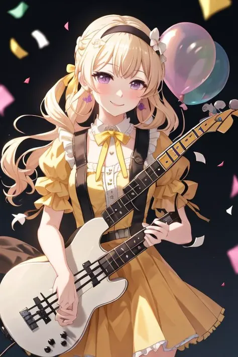best quality, masterpiece, highres, solo, {shirasagi_chisato_bangdream:1.15}, blonde_hair, bangs, long_hair, purple_eyes, blush, smile, half_updo, ribbon, jewelry, 1girl, electric_guitar, frills, guitar, holding, instrument, looking_at_viewer, bow, frilled_sleeves, hair_ribbon, hairband, short_sleeves, balloon, bass_guitar, confetti, dress, earrings, hair_ornament, yellow_dress, yellow_ribbon