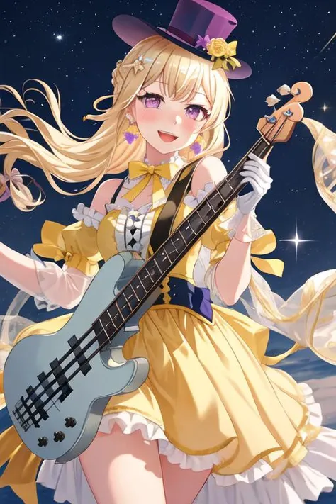 best quality, masterpiece, highres, solo, {shirasagi_chisato_bangdream:1.15}, blonde_hair, bangs, long_hair, purple_eyes, blush, smile, half_updo, ribbon, jewelry, 1girl, dress, earrings, flower, gloves, hair_flower, hair_ornament, hat, looking_at_viewer, white_gloves, yellow_dress, mini_hat, bow, frills, open_mouth, bass_guitar, flower_earrings, guitar, instrument, short_sleeves, top_hat, yellow_ribbon, frilled_gloves, frilled_sleeves, index_finger_raised, star_\(symbol\), yellow_bow