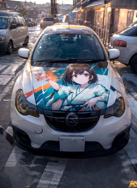 (masterpiece), (best quality), (ultra-detailed), photorealistic, (best illustration), (an extremely delicate and beautiful), 1girl, hiryuuchan, brown hair, (one side up), orange kimono, green hakama, <lora:itasha:1> itasha, no humans <lora:hiryuu_nai_11-24:0.7:OUTD>, front view, solo, upper body, finely detailed eyes, hakama short skirt,