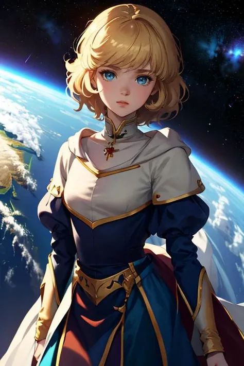 masterpiece, (8k, RAW photo, best quality, masterpiece:1.2), <lora:minieba:0.8>, blonde hair, universe, outer space, Earth in the background, princess