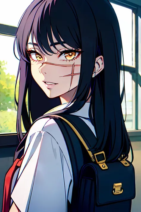2d, masterpiece, best quality, anime, highly detailed face, highly detailed background, perfect lighting, 1girl, solo, asa mitaka, long hair, black hair, scar, scar on face, ringed eyes, yellow eyes, looking at viewer, shirt, white shirt, school uniform, japanese uniform, skirt, backpack, opening the backpack, smile, parted lips, front focus, indoors, school background, japanese school,   <lora:Asa_Mitaka-10:1>