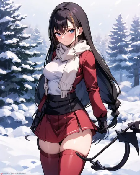 masterpiece, best quality, 1 girl, <lora:Lessar_V10:0.7>, Lessar, skirt and jacket, medium breasts, black and white thighhighs, (demon tail:1.3), scarf, snow