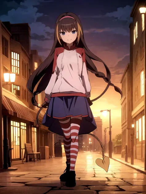 1girl, (solo), <lora:Lessar_V15:0.7>, sexy, adult, skirt and jacket, demon tail