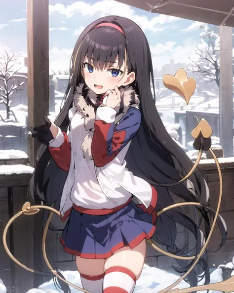 masterpiece, best quality, 1 girl, <lora:Lessar_V15:0.7>, skirt and jacket, red and white thighhighs, scarf, demon tail, snow, cowboy shot,