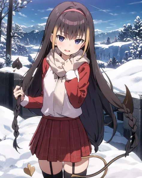 masterpiece, best quality, 1 girl, <lora:Lessar_V15:0.7>, skirt and jacket, red and white thighhighs, scarf, demon tail, snow, cowboy shot,