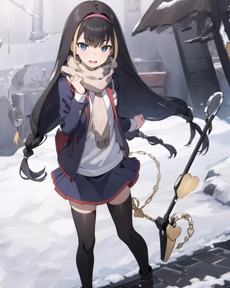 masterpiece, best quality, 1 girl, <lora:Lessar_V3.2:0.6>, skirt and jacket, scarf, snow
