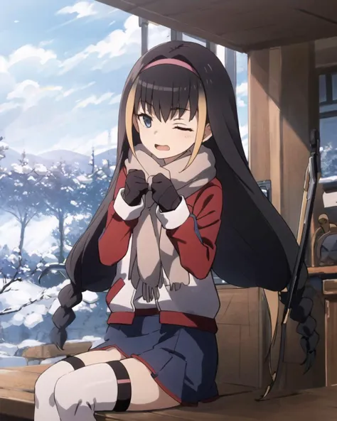 masterpiece, best quality, 1 girl, <lora:Lessar_V3.2:0.8>, skirt and jacket, scarf, snow