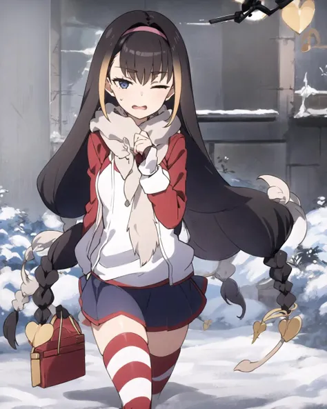 masterpiece, best quality, 1 girl, <lora:Lessar_V3.2:0.8>, skirt and jacket, scarf, snow