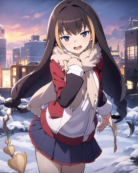 masterpiece, best quality, 1 girl, <lora:Lessar_V3.2:0.7>, skirt and jacket, scarf, snow