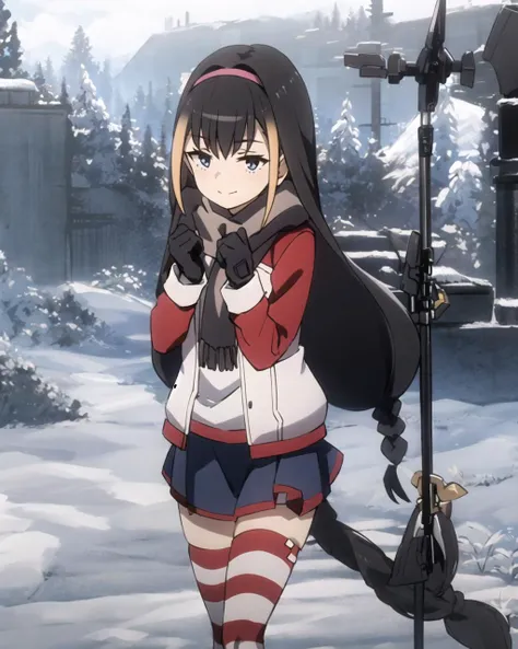 masterpiece, best quality, 1 girl, <lora:Lessar_V3.2:0.8>, skirt and jacket, scarf, snow