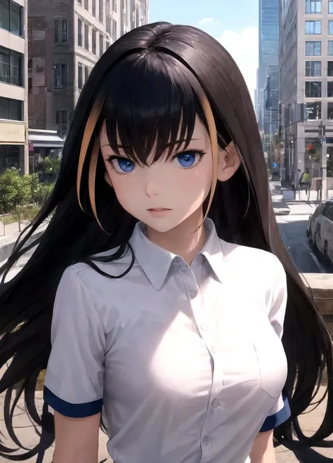 (best quality, masterpiece, official art, highres:1.2), extremely detailed CG unity 8k wallpaper, ultra detailed, portrait shot of slutty girl, eye contact, short shirt, city background, breasts, multicolored hair, black hair, very long hair,<lora:Lessar:1>, blue eyes, Lessar