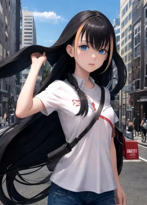 (best quality, masterpiece, official art, highres:1.2), extremely detailed CG unity 8k wallpaper, ultra detailed, portrait shot of slutty girl, eye contact, short shirt, city background, multicolored hair, black hair, long hair ,<lora:Lessar:1>, blue eyes