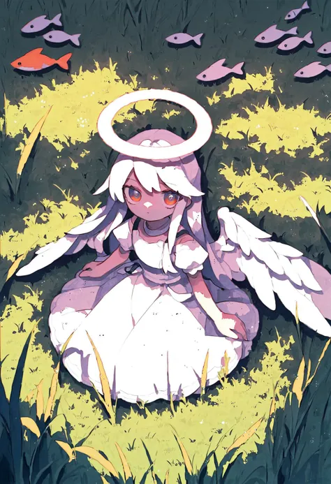 score_9,score_8_up,score_7_up,source_anime,lvzi,1girl, angel, angel wings, blue eyes, dress, expressionless, fish, grass, halo, long hair, looking at viewer solo, surreal, tall grass, traditional media, water, white dress, white hair, wings, <lora:lvziXL-000010:0.8>