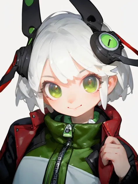 score_9, score_8_up, score_7_up, score_6_up, score_5_up,score_4_up,1girl, solo, green_eyes, smile, short_hair, simple_background, white_background, looking_at_viewer, jacket, zipper_pull_tab, white_hair, upper_body, colored_skin, closed_mouth, zipper, blue_skin, headgear, animal_ears, <lora:lvziXL-000005:0.8>