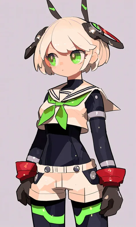 (score_9,score_8_up,score_7_up),source_anime,lvzi, short_hair, 1girl, gloves, green_eyes, white_hair, simple_background, solo, colored_skin, black_gloves, white_background, bodysuit, closed_mouth, standing, shorts, black_bodysuit, short_shorts, shirt, breasts, small_breasts, crop_top, cowboy_shot, white_shirt, bodysuit_under_clothes, cropped_legs, looking_to_the_side, neckerchief, green_neckerchief, white_shorts, sailor_collar, white_sailor_collar , best quality,amazing quality,very aesthetic,absurdres,, <lora:lvziXL-000005:0.8>