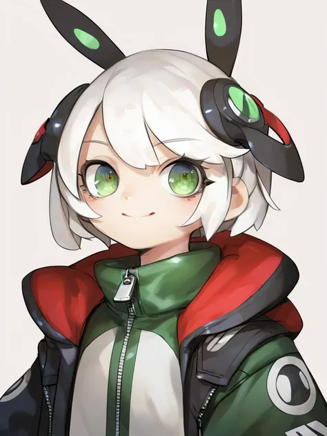 score_9, score_8_up, score_7_up, score_6_up, score_5_up,score_4_up,lvzi,1girl, solo, green_eyes, smile, short_hair, simple_background, white_background, looking_at_viewer, jacket, zipper_pull_tab, white_hair, upper_body, colored_skin, closed_mouth, zipper, blue_skin, headgear, animal_ears, <lora:lvziXL-000010:0.7>