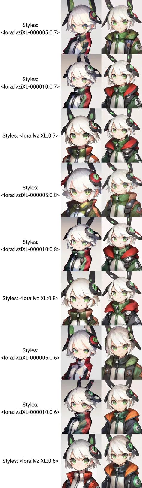 score_9, score_8_up, score_7_up, score_6_up, score_5_up,score_4_up,lvzi,1girl, solo, green_eyes, smile, short_hair, simple_background, white_background, looking_at_viewer, jacket, zipper_pull_tab, white_hair, upper_body, colored_skin, closed_mouth, zipper, blue_skin, headgear, animal_ears, <lora:lvziXL-000005:0.7>