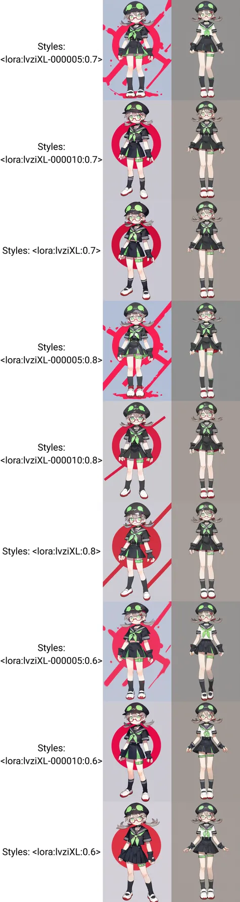 score_9, score_8_up, score_7_up, score_6_up, score_5_up,score_4_up,alter, 1girl, solo, sailor_collar, green_eyes, hair_ornament, hairclip, shirt, colored_skin, looking_at_viewer, school_uniform, neckerchief, simple_background, green_neckerchief, serafuku, smile, grey_hair, twintails, white_background, gloves, black_shirt, skirt, hat, glasses, black_gloves, choker, low_twintails, blue_skin, semi-rimless_eyewear, full_body, fingerless_gloves, black_headwear, black_skirt, standing, short_sleeves, black_serafuku, closed_mouth, thigh_strap, green-framed_eyewear, shoes, socks, black_socks, uwabaki, <lora:lvziXL-000005:0.7>