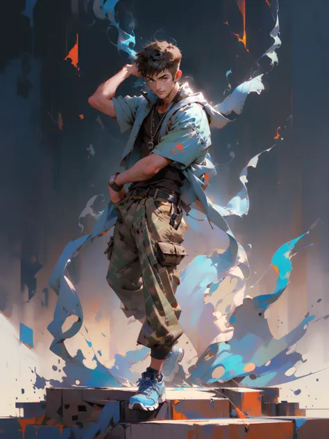 <lora:CraigMullins:0.756>,urban clothes,loose outfit,dynamic pose, album cover,playground, (blue theme:1.342), wizard, holding blue flame,