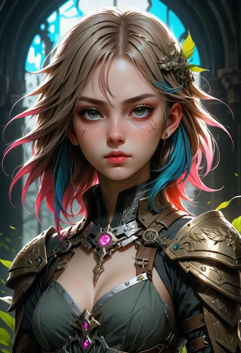 (anime:1.5), detailed illustrations of a girl in a fusion of medieval and cyberpunk elements, with a mix of technology and nature, (highres, highly detailed:1.2), cinematic lighting, vibrant colors