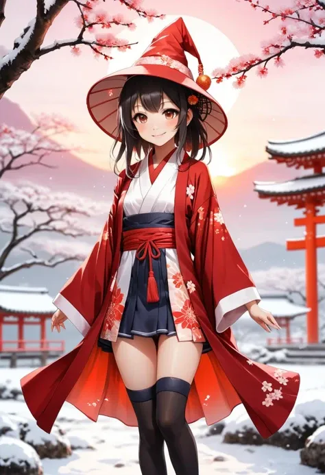 (anime:1.5), Japanese ink painting, cute girl, wizard hat, kimono robe, thigh-highs, boots, happy, dynamic pose, "HAPPY NEW YEAR!", 2024, landscape, sunrise, winter, red tone color, bloom effect, ambient occlusion, Bokeh, depth of field