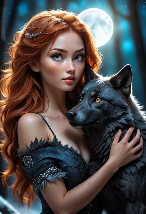 (best quality, masterpiece, colorful, dynamic angle, highest detailed) upper body photo, fashion photography of cute, freckled vixen, holding a black wolf, (ultrahigh resolution textures), in dynamic pose, bokeh, glowing web, (intricate details, hyperdetailed:1.15), detailed, moonlight passing through hair, perfect night, fantasy background, (official art, extreme detailed, highest detailed), HDR+