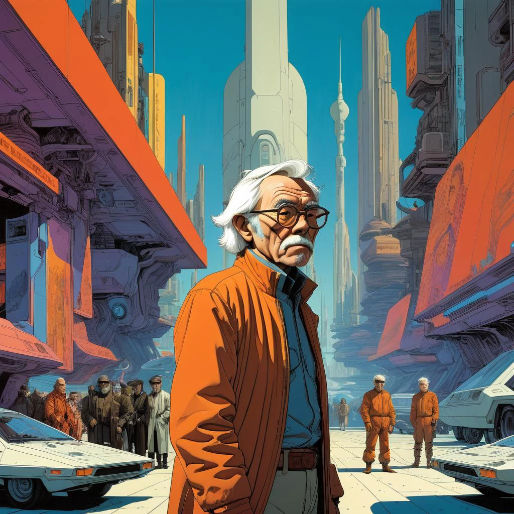 Futuristic rebel leader, cyberpunk backdrop, Syd Mead, Hayao Miyazaki, Jean Giraud (Moebius), Andy Warhol, evolving into a vivid narrative of rebellion and diversity, with a palette that speaks to unity in diversity, bold, dynamic <lora:xl_more_art-full_v1:1.2>