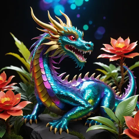 masterpiece , Holographic Vinyl and Rubberized Fabric of a dragon, chinese new year, plants, space, glowing, crystals, high quality, high detail, best quality, rtx, 4k, 8k