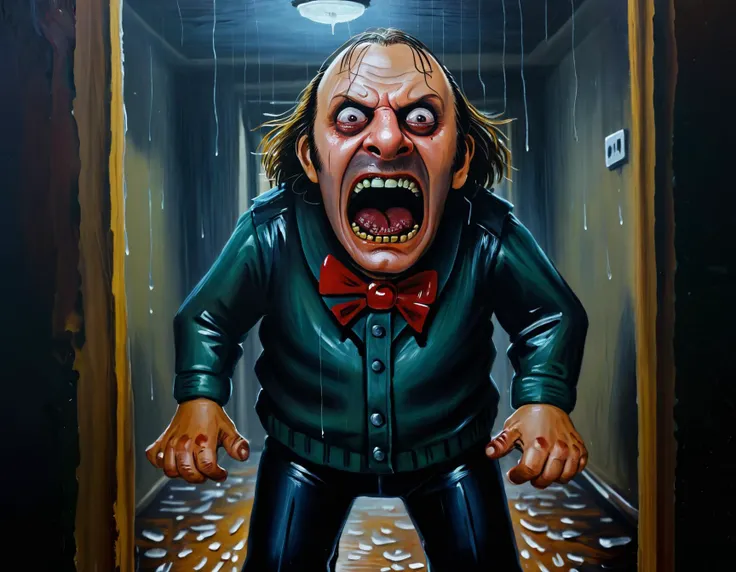 In the style of Slasher,âHeeeeeereâs Johnny!â (The Shining),skittering,Bones,Heavy rain, insanely detailed, rich deep moody colors, Vibrant Colours, a masterpiece, <lora:LojkinXL:0.8> oil paint, painting,