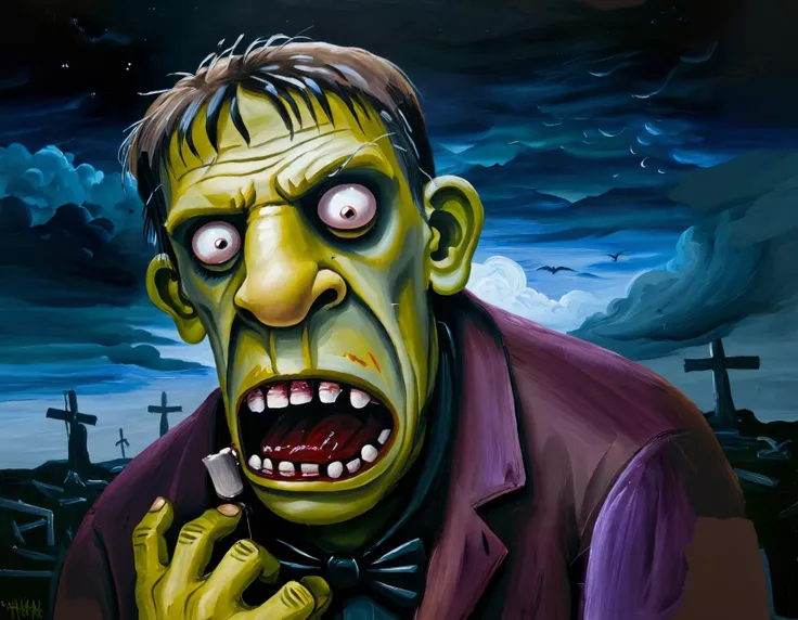 In the style of Zombie,"Men have called me mad; but the question is not yet settled, whether madness is or is not the loftiest intelligence." (Frankenstein),Ghoulish,Abnormal,Gust of unexplained wind, insanely detailed, rich deep moody colors, Vibrant Colours, a masterpiece, <lora:LojkinXL:0.8> oil paint, painting,