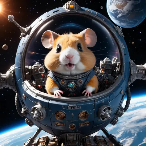 (full external view:1.2) of a small spaceship (flying in space cosmos:1.1) with a hamster pilot at the control levers