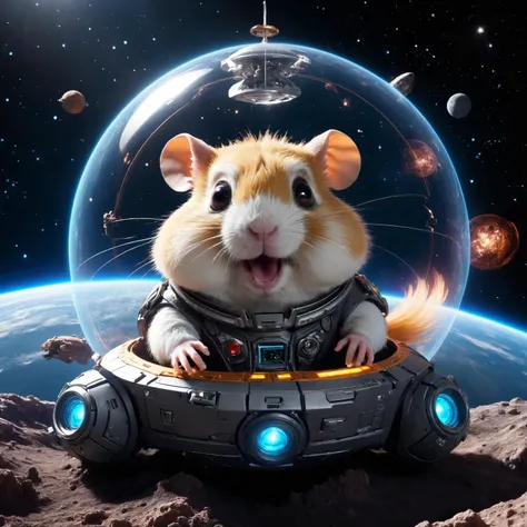 (full external view:1.2) of a small spaceship fliyng in space cosmos with a hamster pilot at the control levers