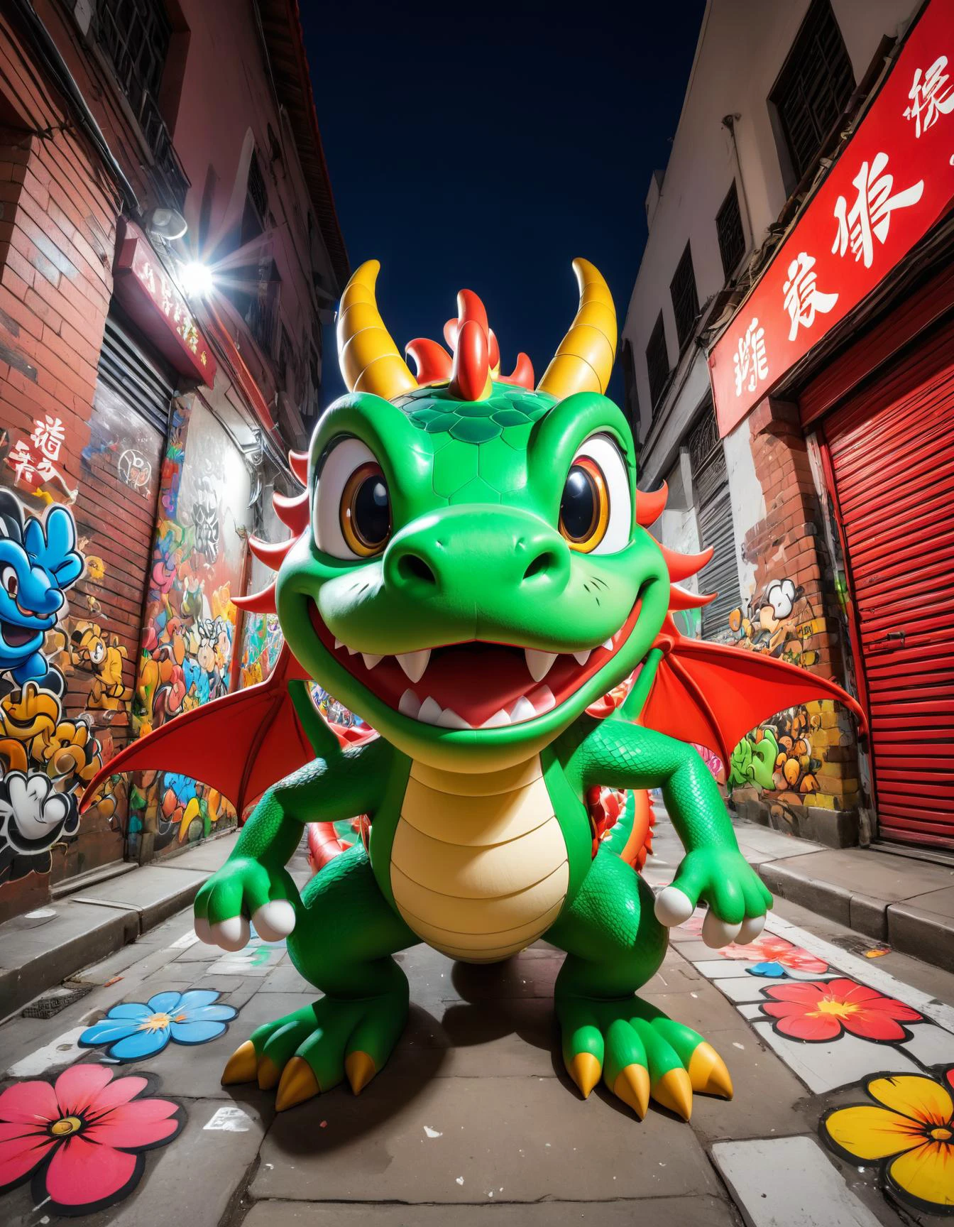 Super Mario style graffiti style photo of front view , (fisheye lens effect:1.2), a chinese new year dragon , go down the street, street art, vibrant, urban, detailed, night time . Vibrant, cute, cartoony, fantasy, playful, reminiscent of Super Mario series
