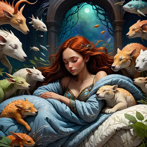 professional 3D Rendering of the personification of various  creatures, wearing a sleeping's, (young woman 's dreaming:1.1),  comforter, background is made up of intraseminal, very pectinacean, austerenesses, art  Esao Andrews, <lora:SDXLFaeTastic2400:0.8>,